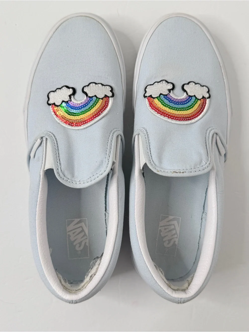 Vans Blue Canvas Slip On With Sequin Rainbow Jr Kids 6 women’s 8